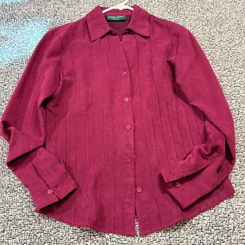 Lemon Grass Studio Magenta Faux Suede Button Down Shirt Pintuck Detail Small